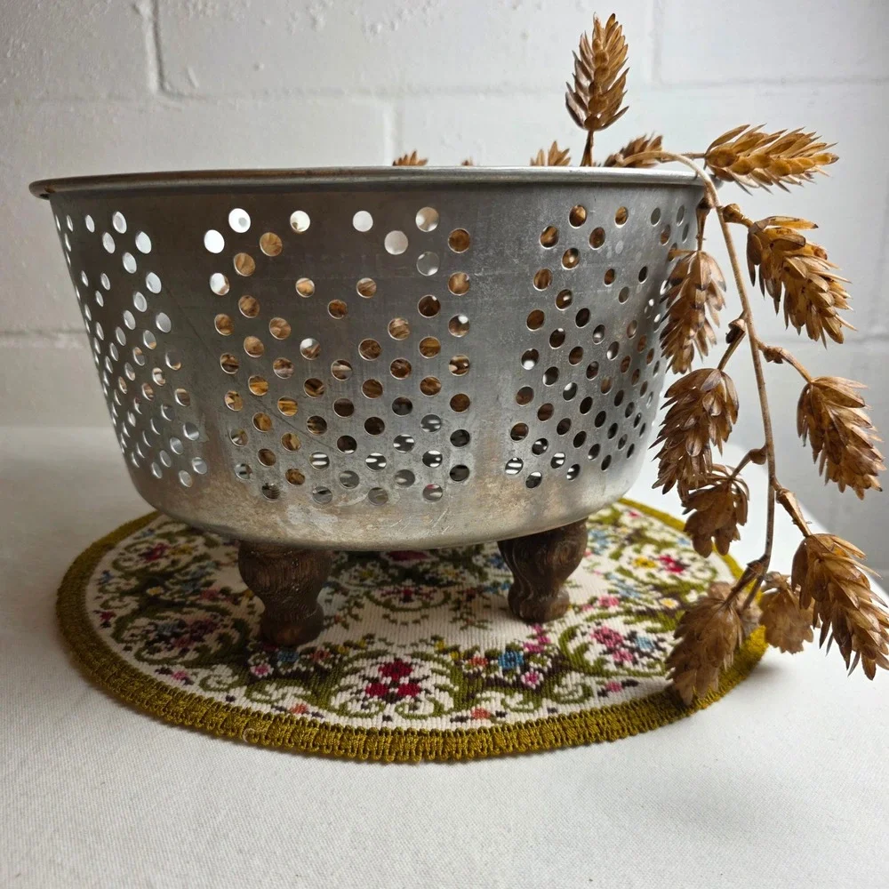 Vintage Aluminum Wood Footed Colander Rustic Farmhouse Decorative Bowl